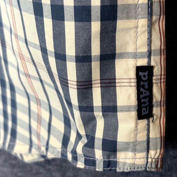 PrAna Kirkwood Shirt Large Plaid Stretch Button-Up Beige Short Sleeve Top - Picture 14 of 14